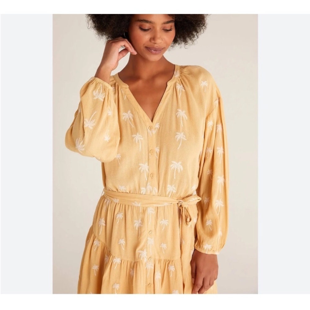 Z Supply Embroidered Palm Tree Yellow Long Sleeve Button Down Dress sz M